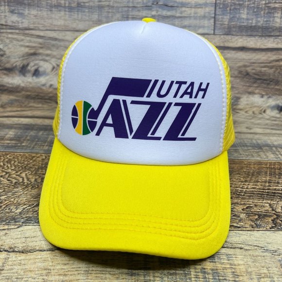 Utah Jazz Mens Trucker Hat Yellow Snapback 1979 Retro Logo Basketball Cap - Picture 2 of 8